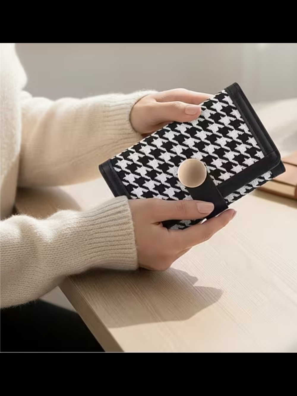 BY:KY Black Houndstooth Pattern Faux Leather Wallet with Golden Accent, NWT!